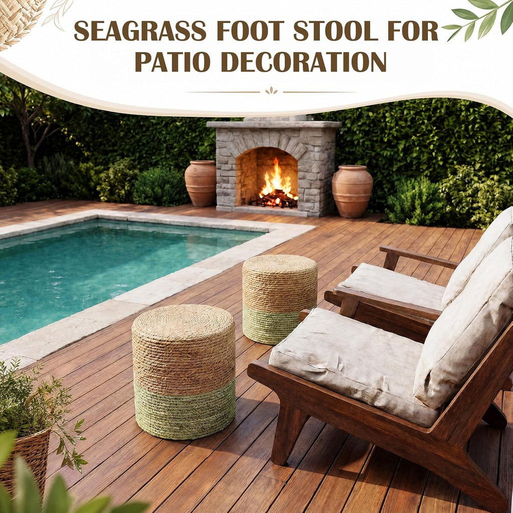Barydat 2 Pcs 15'' Ottoman Pouf Natural Seagrass Braided Poof Hand Weaving Round Ottomans Boho Footrest Stool for Home Living Room Bedroom Patio(Natural and Green)