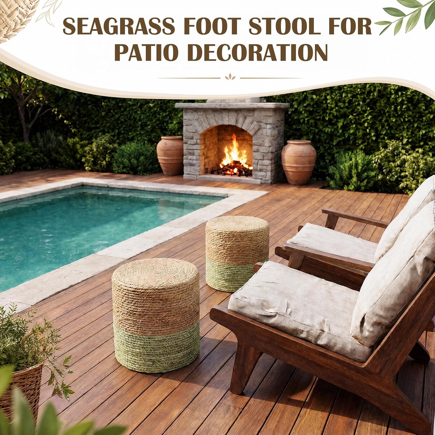 Barydat 2 Pcs 15'' Ottoman Pouf Natural Seagrass Braided Poof Hand Weaving Round Ottomans Boho Footrest Stool for Home Living Room Bedroom Patio(Natural and Green)
