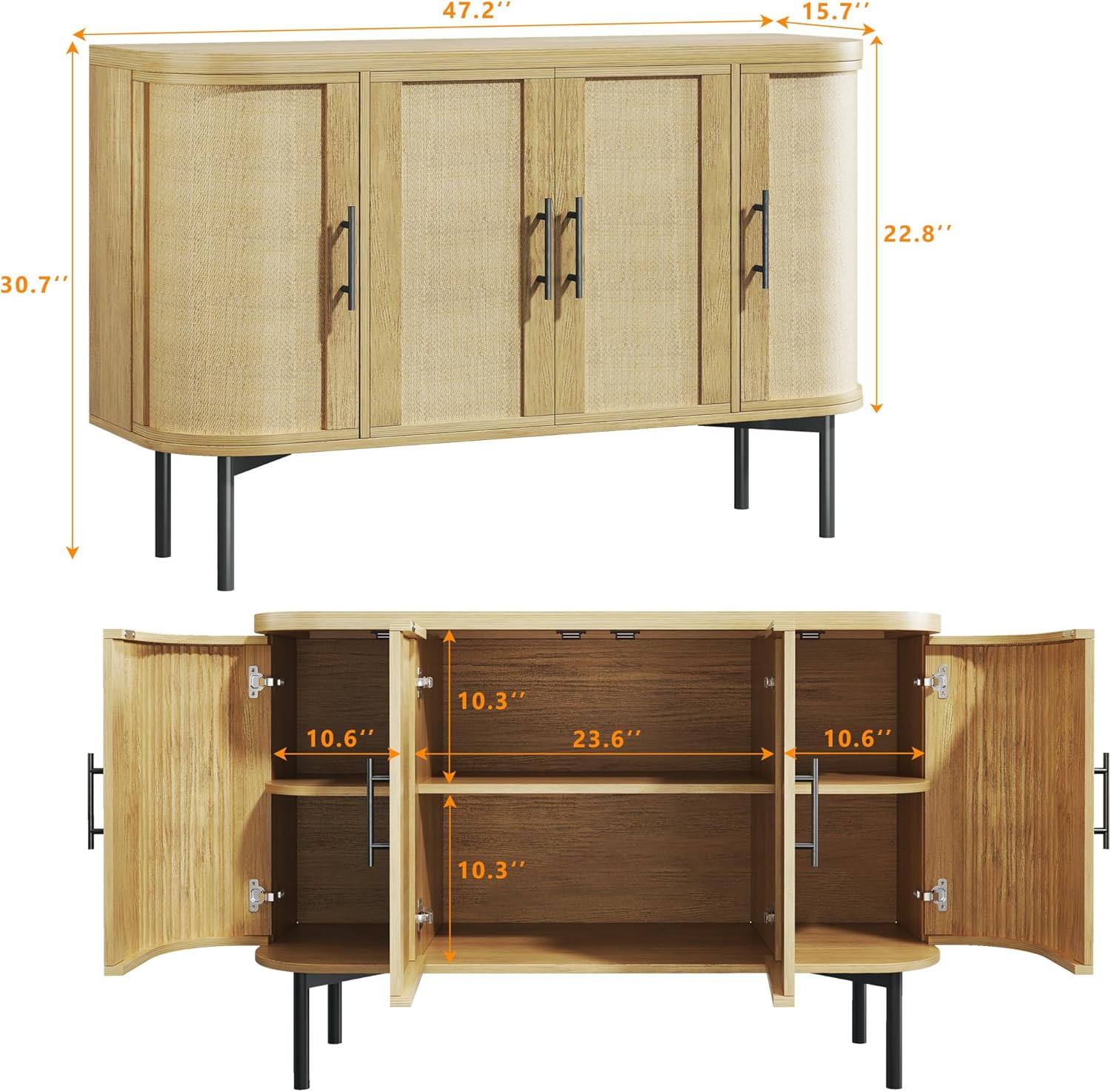 HUAHUU Sideboard Buffet Cabinet with Storage, 47.2" Rattan Sideboard Cabinet with Adjustable Shelf, Metal Legs, Modern Buffet Sideboard for Kitchen, Living Room, Entryway, Natural Oak