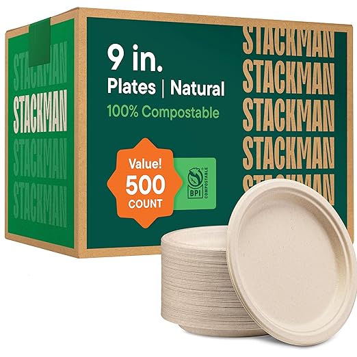 100% Compostable Paper Plates 9 Inch [500 Count] Heavy-Duty Dinner Plates - Natural Brown Color Unbleached Bagasse - Eco-Friendly Disposable Biodegradable Sugarcane Plates - [Bulk Case 4/125 Pack]
