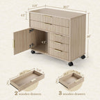 Fluted File Cabinet with 5 Drawers, Large Storage with Cabinet Door, Mobile Filing Cabinet with Locable Wheels for Home Office, Light Oak