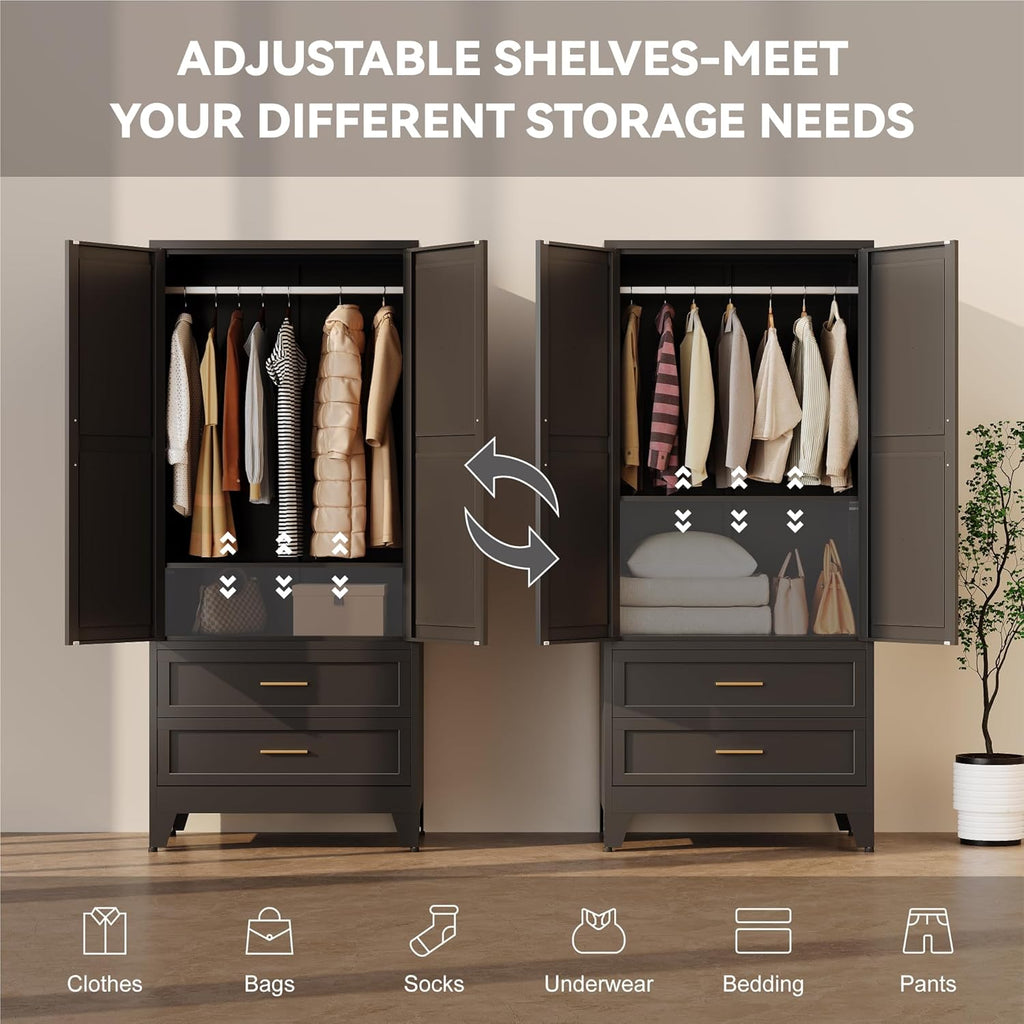 Baborokic Metal Wardrobe Cabinet with Hanging Rod,71" Armoire Wardrobe Closet with Adjustable Shelves,Farmhouse Steel Clothing Storage Cabinets for Bedroom,Office,Laundry Room Black