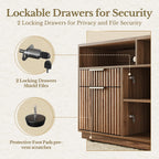 4 Drawer Fluted File Cabinet with Lock for Home Office | Wood Lateral Filing Cabinet for Letter/A4 Files, Charging Station, Open Shelves, Office Storage Cabinet, Black Walnut