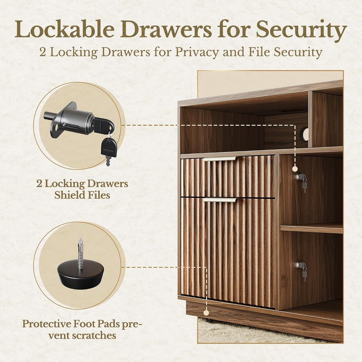 4 Drawer Fluted File Cabinet with Lock for Home Office | Wood Lateral Filing Cabinet for Letter/A4 Files, Charging Station, Open Shelves, Office Storage Cabinet, Black Walnut