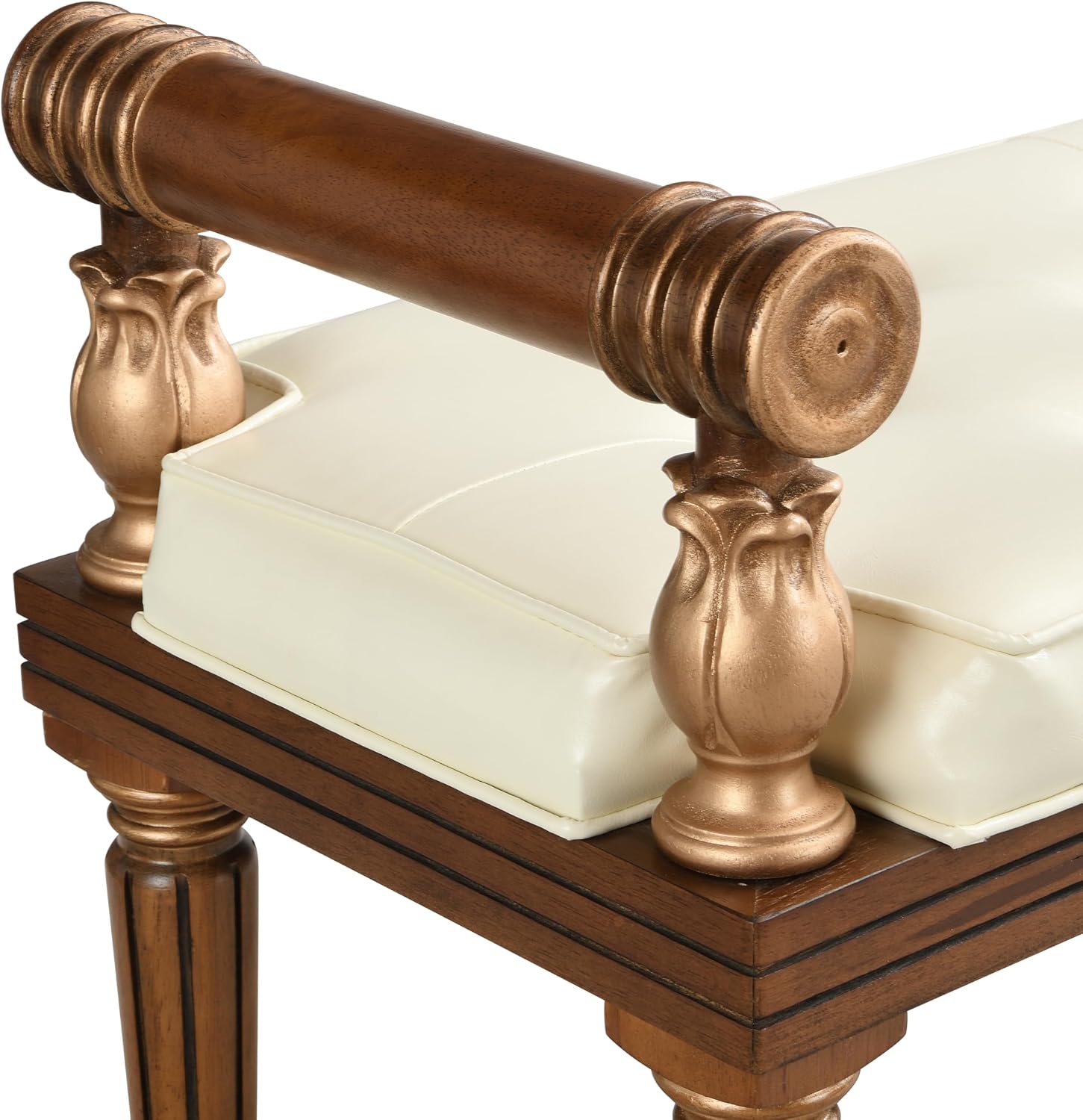 Christopher Knight Home Yae Luxurious PU Leather Upholstered End of Bed Ottoman, Wooden Living Room Ottoman Bench with Fluted Legs/Cylindrical Arm, Long Entryway Bench with Button Tufting, Brown+Beige