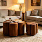 Modern Nesting Coffee Tables Woody Grooved Tea Table Space Saving Center End Side Tables for Living Room Apartment Office Library Cafe Walnut
