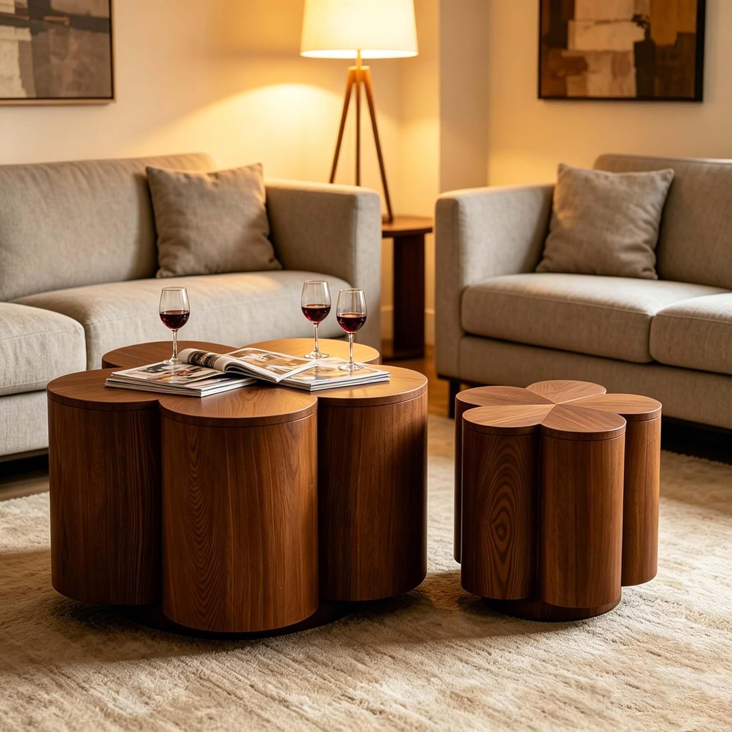 Modern Nesting Coffee Tables Woody Grooved Tea Table Space Saving Center End Side Tables for Living Room Apartment Office Library Cafe Walnut