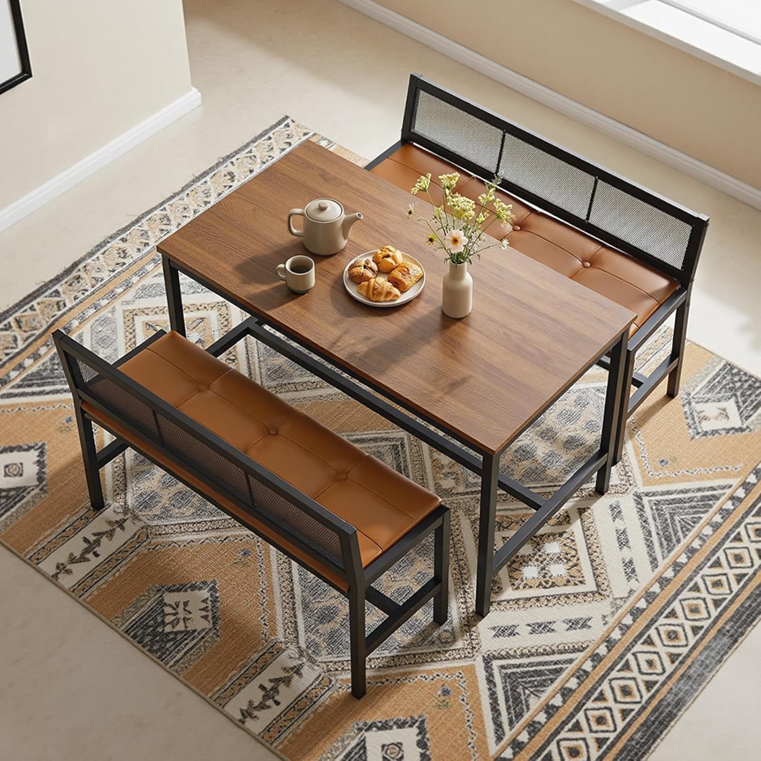 YATINEY Dining Bench, 39.4'' Kitchen Bench with Back, Dining Room Bench with PU Leather Upholstered Seat, Entryway Bench with Metal Legs for Dining Room, Entryway, Living Room, Black and Brown DB01BV