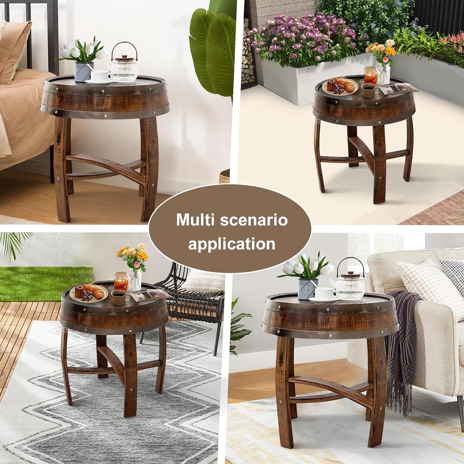Whiskey Barrel End Table,Round Wood Wine Barrel Side Table Outdoor,Rustic Wine Barrel Bourbon Barrel Coffee Table for Small Spaces,Oak Barrel Decor Furniture for Living Room Bedroom