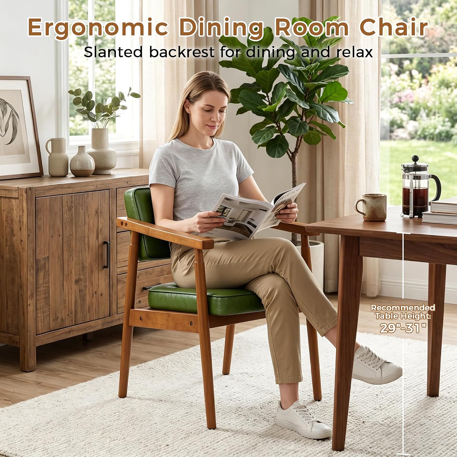 LSSPAID Mid Century Dining Chairs with Wooden Handrail, Pu Upholstered Armchair Comfy Backrest Modern Kitchen Chairs for Bedroom Living Room Dining Room, Green, Set of 1
