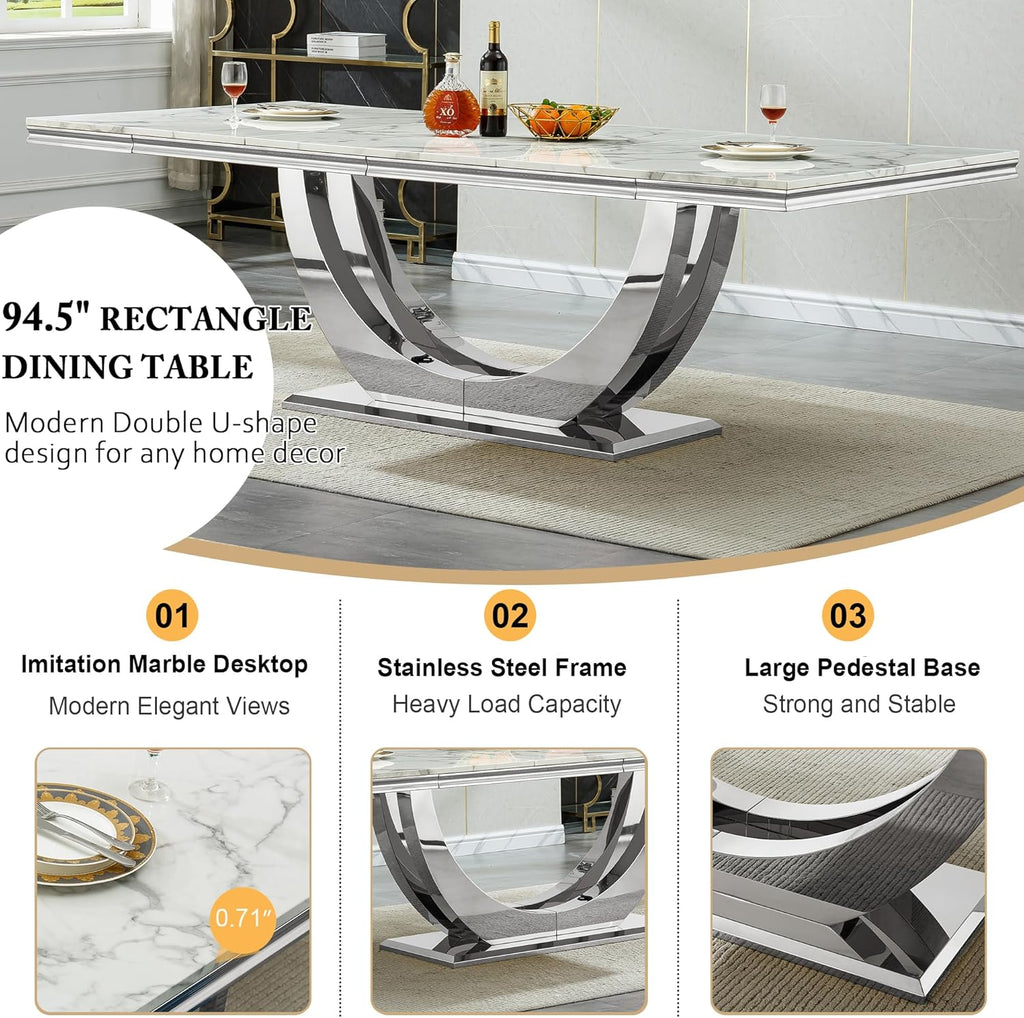 94.5" Large Faux Marble Dining Table Set for 8, Luxury Kitchen Table Set with 8 Chairs, Modern 9-Piece Dining Room Set with White Silver Dinner Table and 8 Black Upholstered Chairs