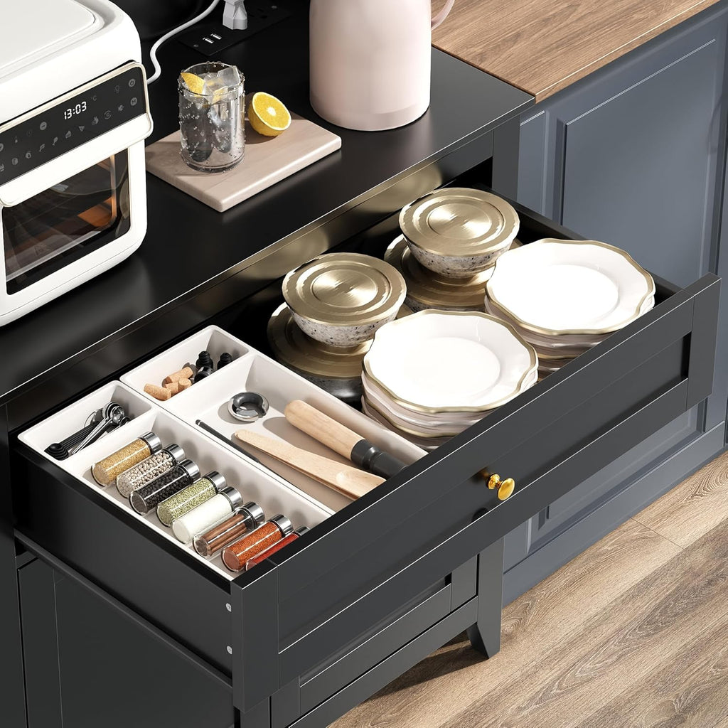 Garvee Pantry Cabinet with 4 Hooks, Kitchen Pantry Cabinet, Coffee Bar Table with Drawer & Adjustable Shelves, Black