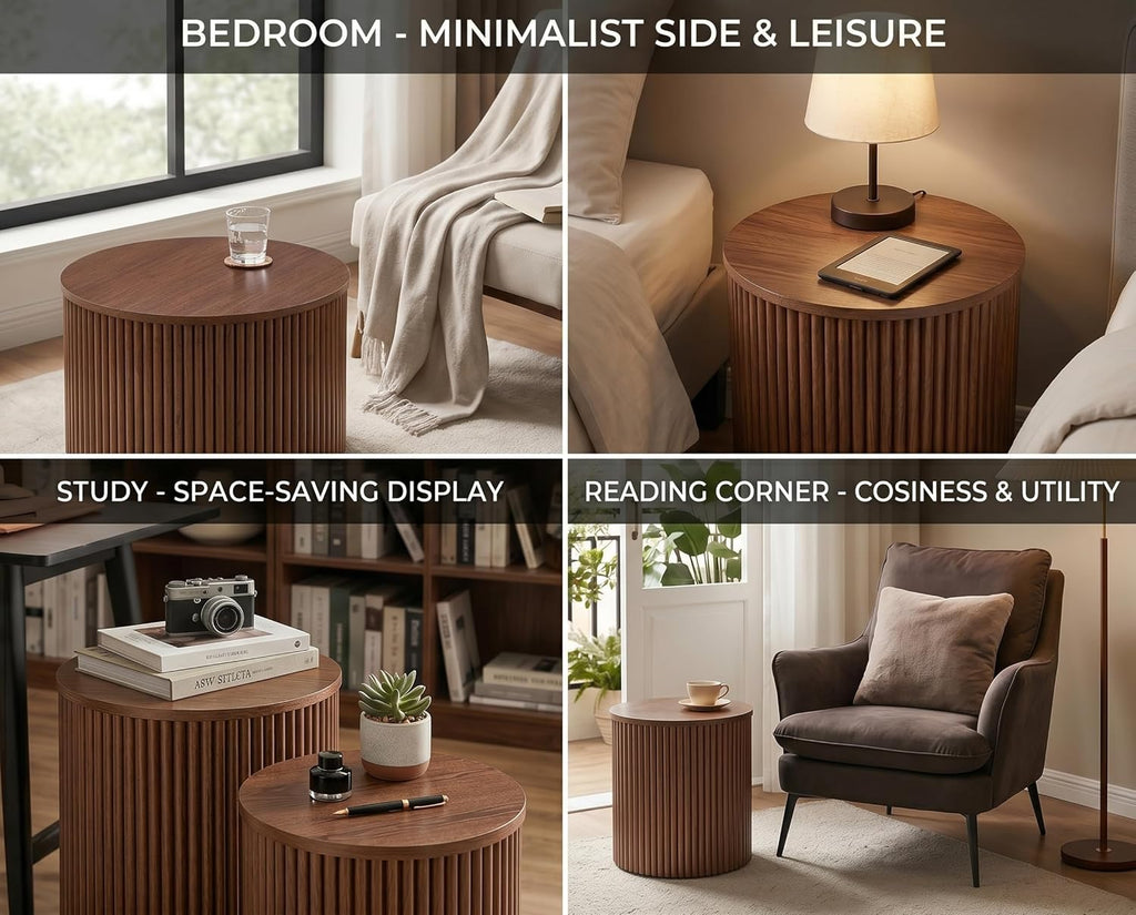 KEIKI Round Nesting Coffee Table Set of 2, Roman Wood Center Table & End Table Set with Built-in Storage, Modern Accent Tables for Small Space Living Room Bedroom, No Assembly, Brown