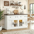 63'' Sideboard Buffet Cabinet with Storage, Modern Credenza with Outlets & LED Light, 2 Drawers, 4 Doors, Adjustable Shelves, Coffee Bar Cabinet for Kitchen Living Room, Antique White