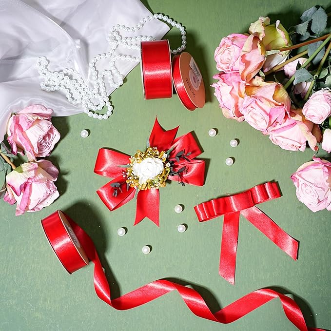 LaRibbons Bright Red Satin Ribbon 1 1/2 Inch 25 Yards Luxury Double Faced Red Ribbon for Gift Wrapping Flower Bouquet Crafts Wedding Party Christmas Decoration