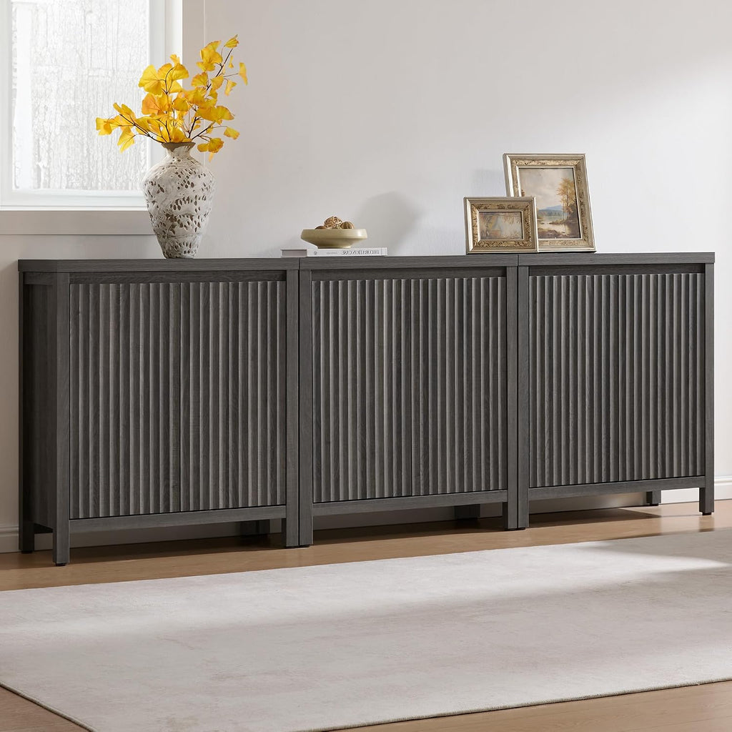 SICOTAS Sideboard Buffet Cabinet with Storage, Fluted Credenza Console Cabinet with Adjustable Shelves, Modern Coffee Bar Storage Cabinet for Kitchen, Living Room, Entryway, Black Oak, 3 PCS