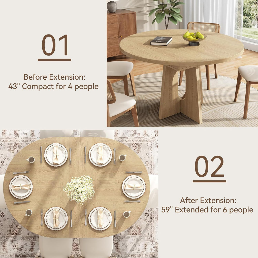 Epecoya 59-Inch Extendable Round Dining Table for Dining Room, Light Oak | 4-6 People Farmhouse Oval Wood Expandable Kitchen Dinner Table with Heavy Cross Pedestal for Living Room, Apartment