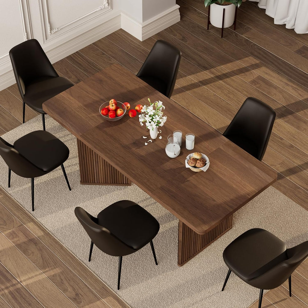 71 inch Rectangular Wood Dining Table for 6-8 People, Modern Fluted Pedestal Kitchen Table, Heavy Duty Waterproof Thickened Tabletop, Farmhouse Long Dinner Table for Home Restaurant, Walnut Brown