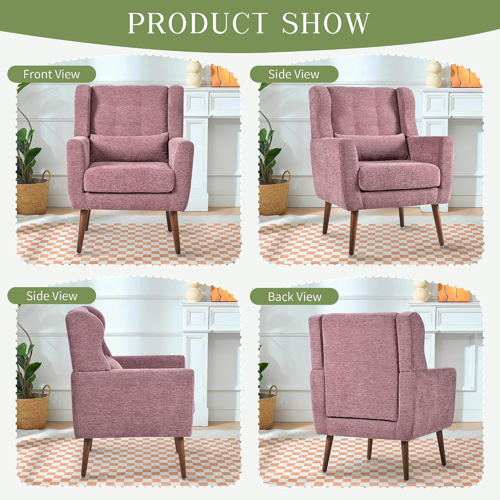 cinkehome Accent Arm Chairs for Living Room, Chenille Upholstered Mordern Armchair, Comfy Soft Padded Lounge Chair in Small Spaces, Bedroom, Pillow, Solid Wood Leg, Purple