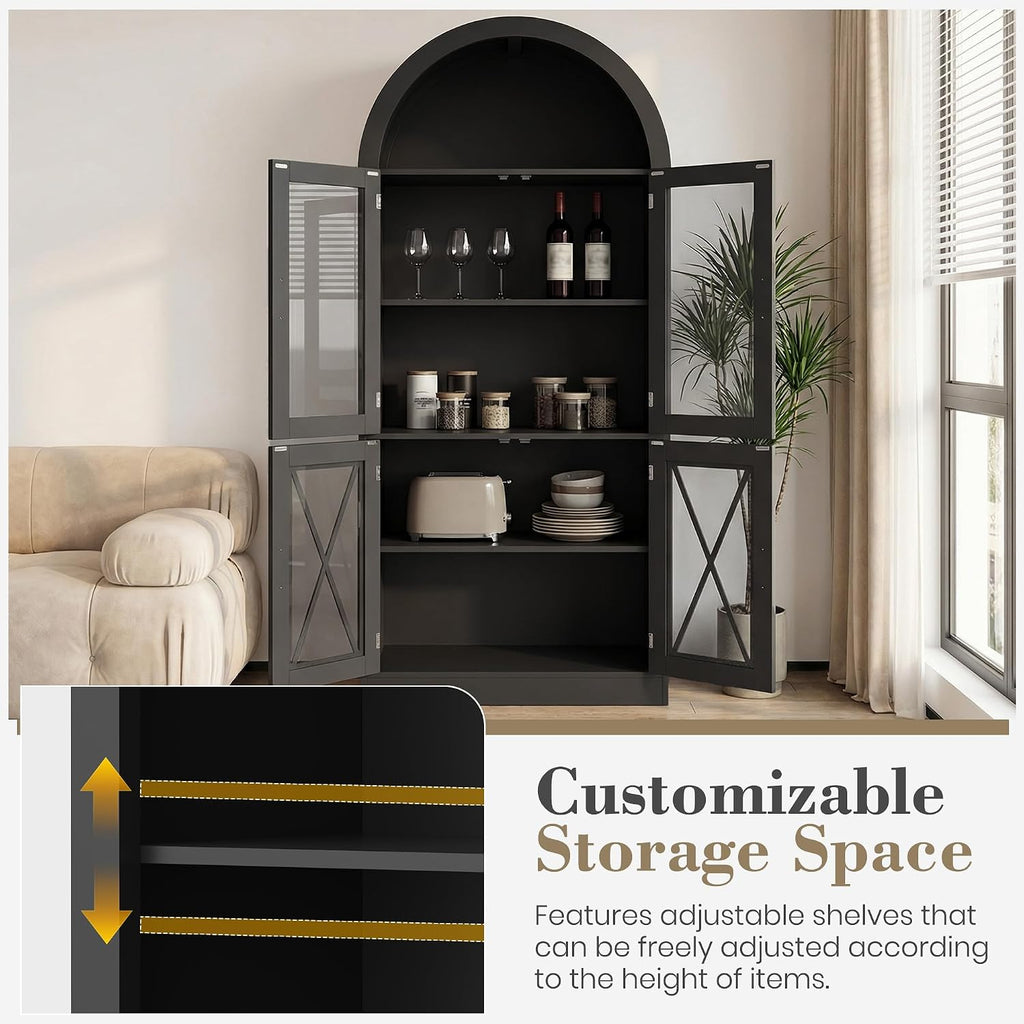 70" Tall Arched Cabinet with 7 Color LED Light, Modern Farmhouse Display Cabinets with Glass Doors, Wooden Storage Cabinet for Living Room and Kitchen Pantry (Black)