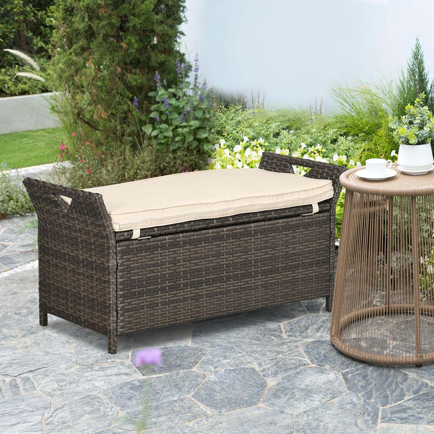 27 Gallon Patio Wicker Storage Bench, Outdoor PE Rattan Patio Furniture, 2 in 1 Large Capacity Rectangle Garden Storage Box with Handles and Cushion, Cream White