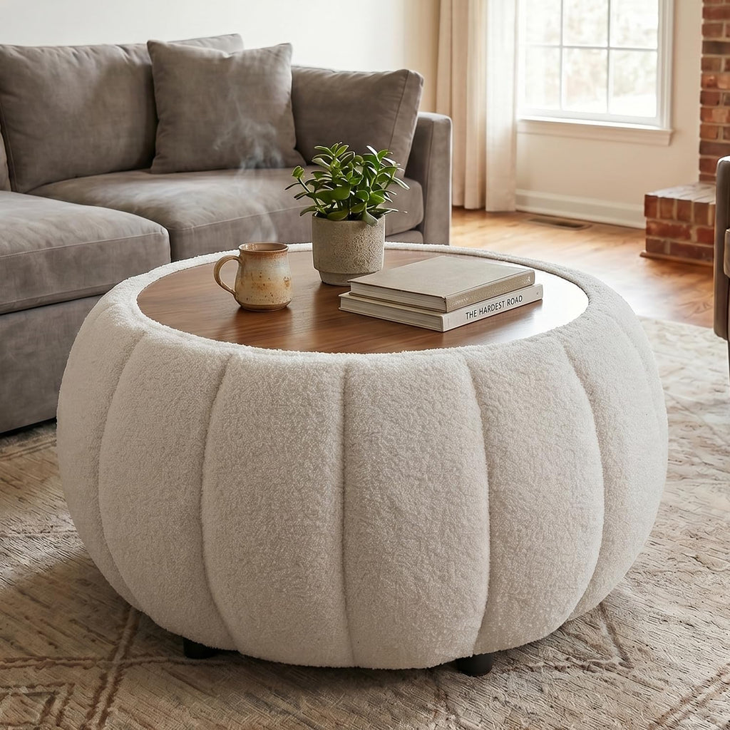 Ottoman Coffee Table for Living Room, Wooden Top Large Storage Ottoman, 30 Inches Round Coffee Table, Pumpkin Shaped Side Table, Multifunctional Teddy Fabric Footstool (White)