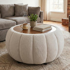 Ottoman Coffee Table for Living Room, Wooden Top Large Storage Ottoman, 30 Inches Round Coffee Table, Pumpkin Shaped Side Table, Multifunctional Teddy Fabric Footstool (White)