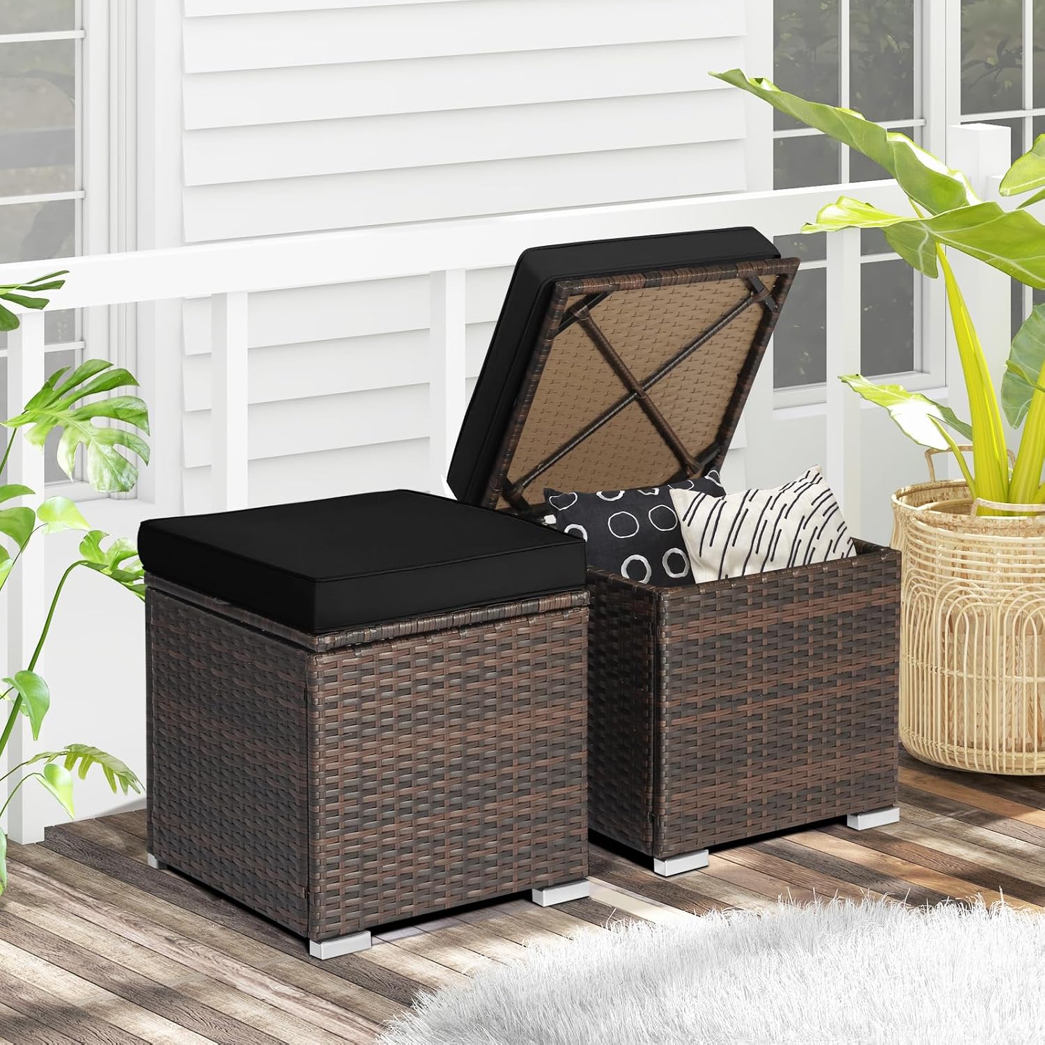 ORALNER 16" Outdoor Ottoman, Set of 2 Wicker Ottoman with Storage, All-Weather Rattan Cube Footstool w/Removable Cushion Covers, Square Foot Rest Seating for Patio, Porch, Deck, Poolside (Black)