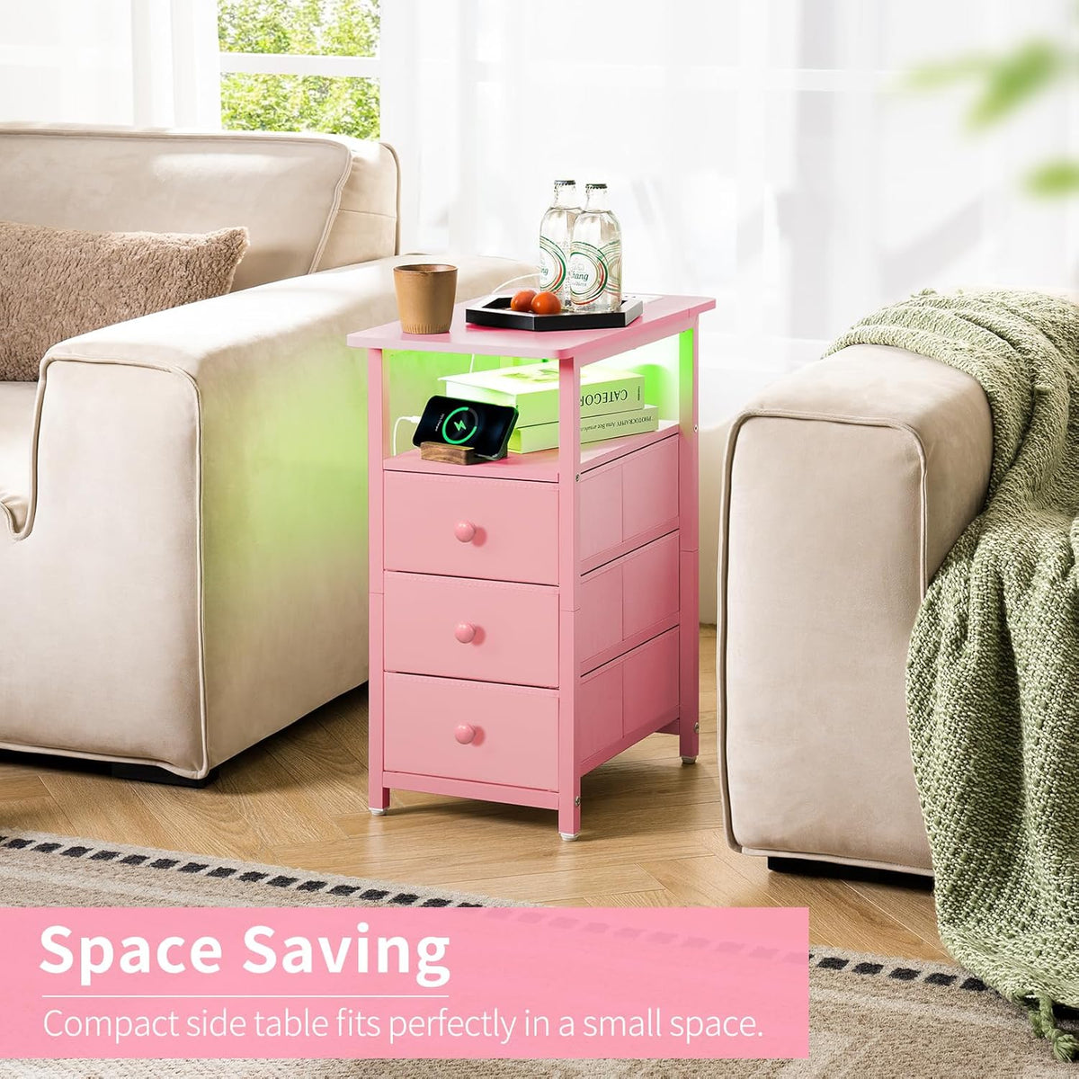 Yoobure End Table with Charging Station, Pink Narrow Nightstand LED Bedside Table, Small Night Stand End Tables Living Room, Skinny Nightstand with 3 Fabric Drawers, Side Table for Small Spaces