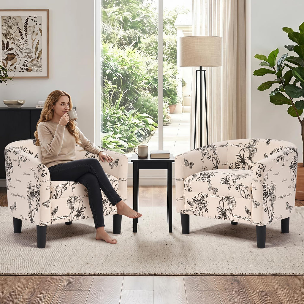 INZOY Oversized Accent Chair with Ottoman, 23.2" W Oversized Club Chair with Ottoman Set, Comfy Fabric Barrel Reading Chairs for Living Room Bedroom, Round Reading Chair with Foot Rest, Flower Pattern