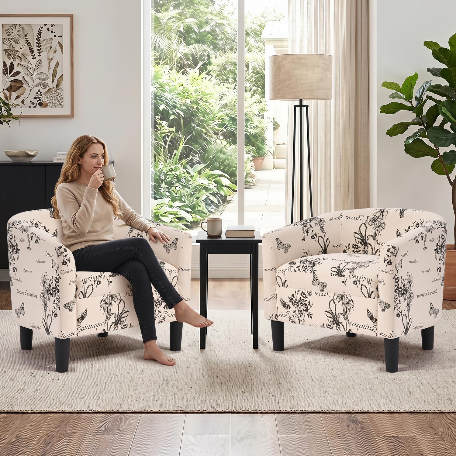 INZOY Oversized Accent Chair with Ottoman, 23.2" W Oversized Club Chair with Ottoman Set, Comfy Fabric Barrel Reading Chairs for Living Room Bedroom, Round Reading Chair with Foot Rest, Flower Pattern