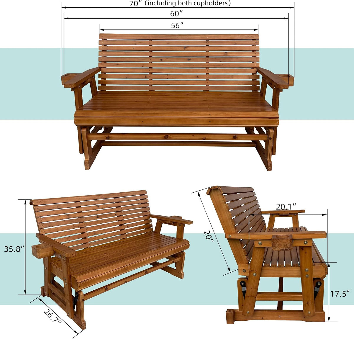 Fortune Candy Patio Glider with Cup Holders, High Roll Back and Deep Contoured Seat, 3-Seater, Heavy Duty 800 Lb, 5 Feet (Brown, 3-Seater)