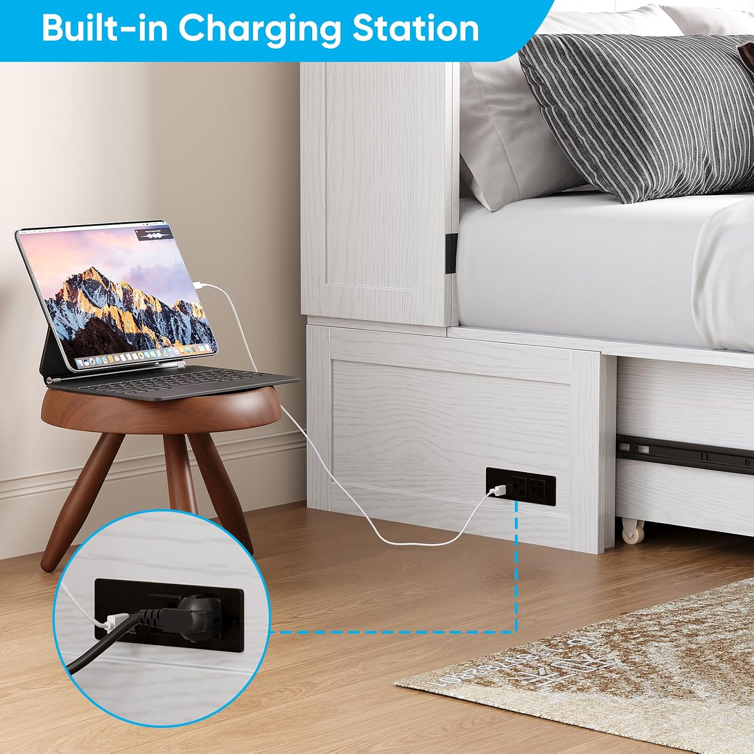 Mjkone 64" Width Queen Size Murphy Bed Cabinet with USB Charging Station, Guest Cabinets Bed with Large Drawers, Cube Cabinet Chest Beds for Bedroom, Home Office, Mattress Not Included, White