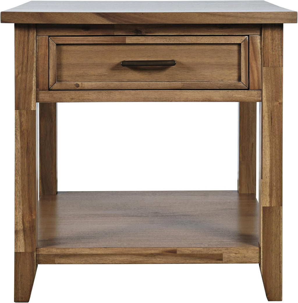 Jofran Acacia Wood Square End Table with Storage, Transitional Rustic Side Table for Living Room Bedroom, Accent Table, Wire Brush Brown