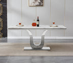 Modern White Dining Table for 6, U-Shape Stainless Steel Base, Marble Dining Room Table for 4-6, 68''L x 34''W Faux Marble Tabletop, Sturdy High Gloss Base, Rectangular Home Kitchen Table