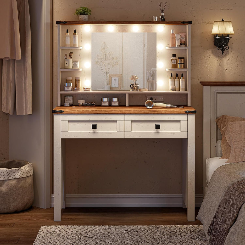 EnHomee Farmhouse Vanity Desk, Mirror & Lights, Women Bedroom, White