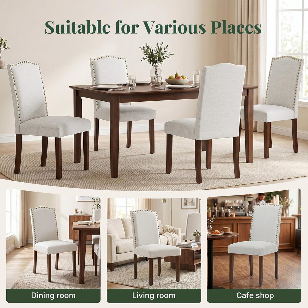 Upholstered Dining Chair Set of 6, Farmhouse Fabric Kitchen Chair | Modern, Padded Seat, Solid Wood Legs, High Back, Nailhead Trim, Living Room, Restaurant, Hotel, Beige
