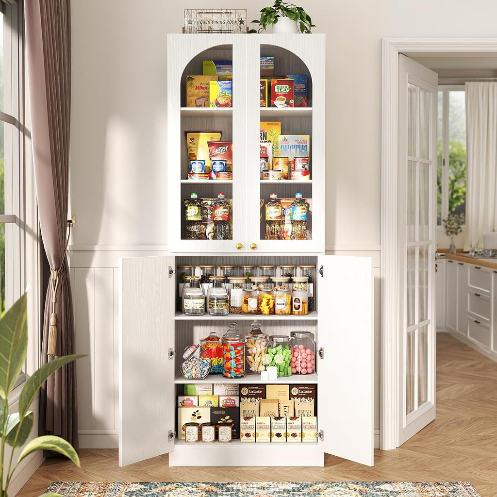 Cyclysio 80" Kitchen Pantry Cabinet with Tempered Glass & Soft Close Doors | Tall Arch Storage Cabinet, Freestanding Wood Floor Cupboard Bookcase with Seamless Fit Wall for Dining Living Room, Bathroom