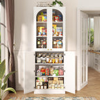 Cyclysio 80" Kitchen Pantry Cabinet with Tempered Glass & Soft Close Doors | Tall Arch Storage Cabinet, Freestanding Wood Floor Cupboard Bookcase with Seamless Fit Wall for Dining Living Room, Bathroom