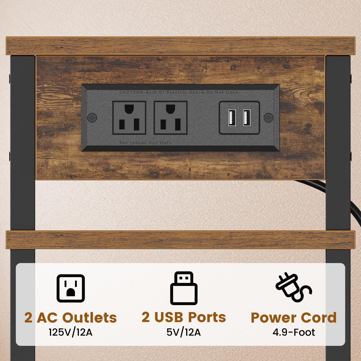 Creso hom Side Table with Charging Station, End Tables Living Room, 21.7 Inch Skinny Night Stand with Storage, Small Bedside Tables for Bedroom, Office, Dorm, Hallway, Rustic Brown