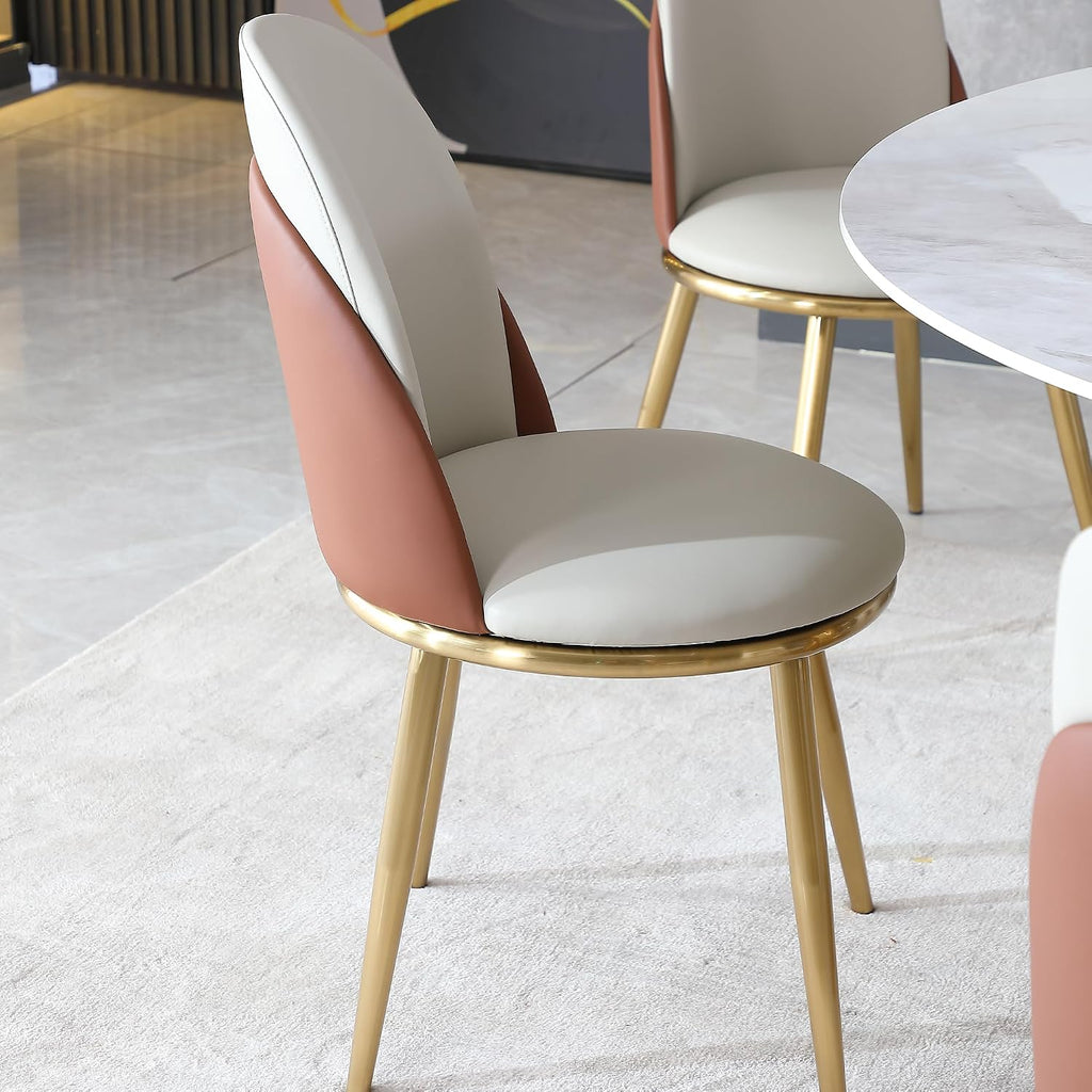 Dining Chairs Set of 2, Modern Faux Leather Chair with Sturdy Gold Metal Legs and Ergonomic Backrest, 2-PCS Dining Room Chairs for Living Kitchen Dining (Beige+Light Brown)