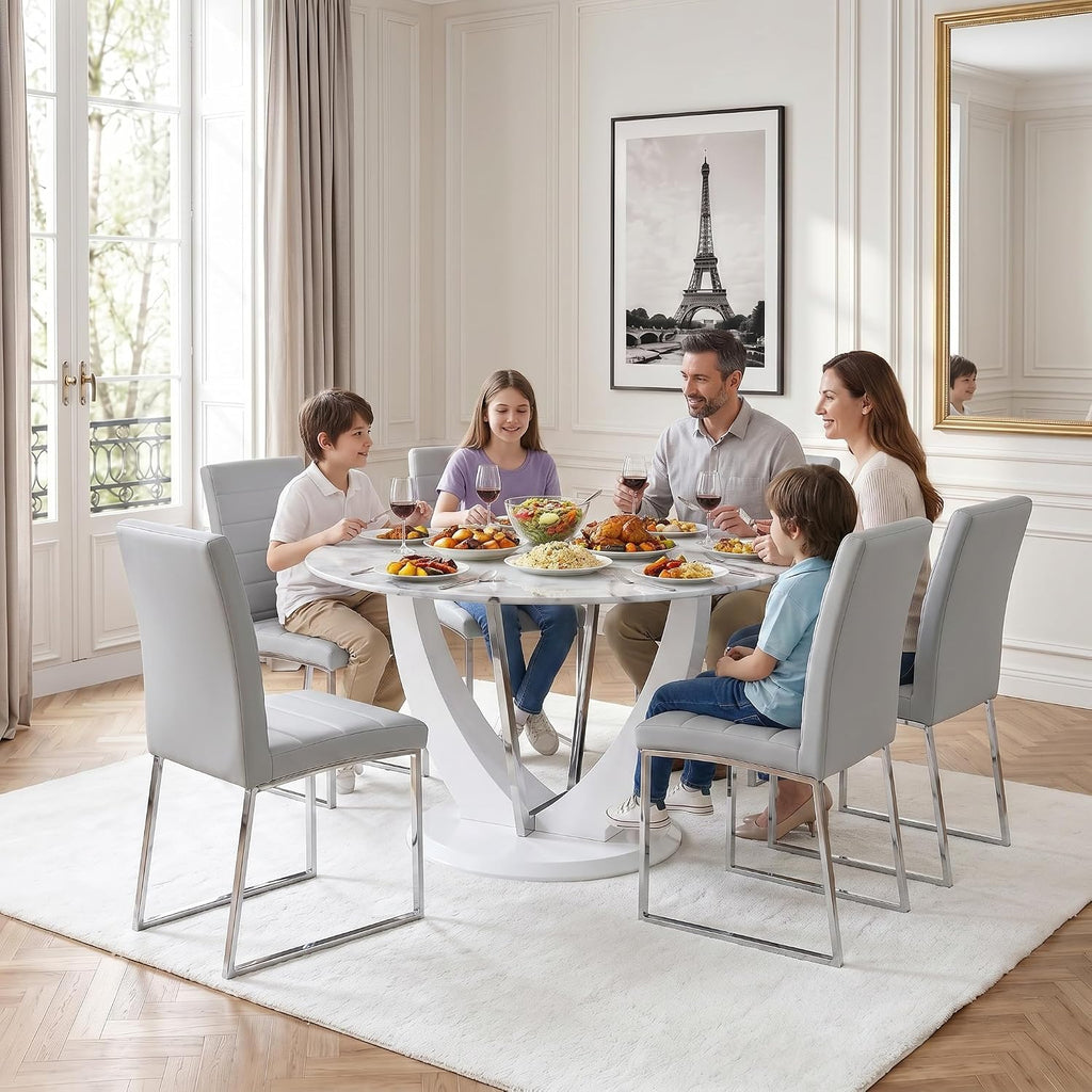 Modern 5 Piece Round Dining Table Set for 4, 47.2" White Faux Marble Kitchen Table with Upholstered PU Leather Chairs, Dining Room Furniture Set for Apartment, Breakfast Nook, Small Space