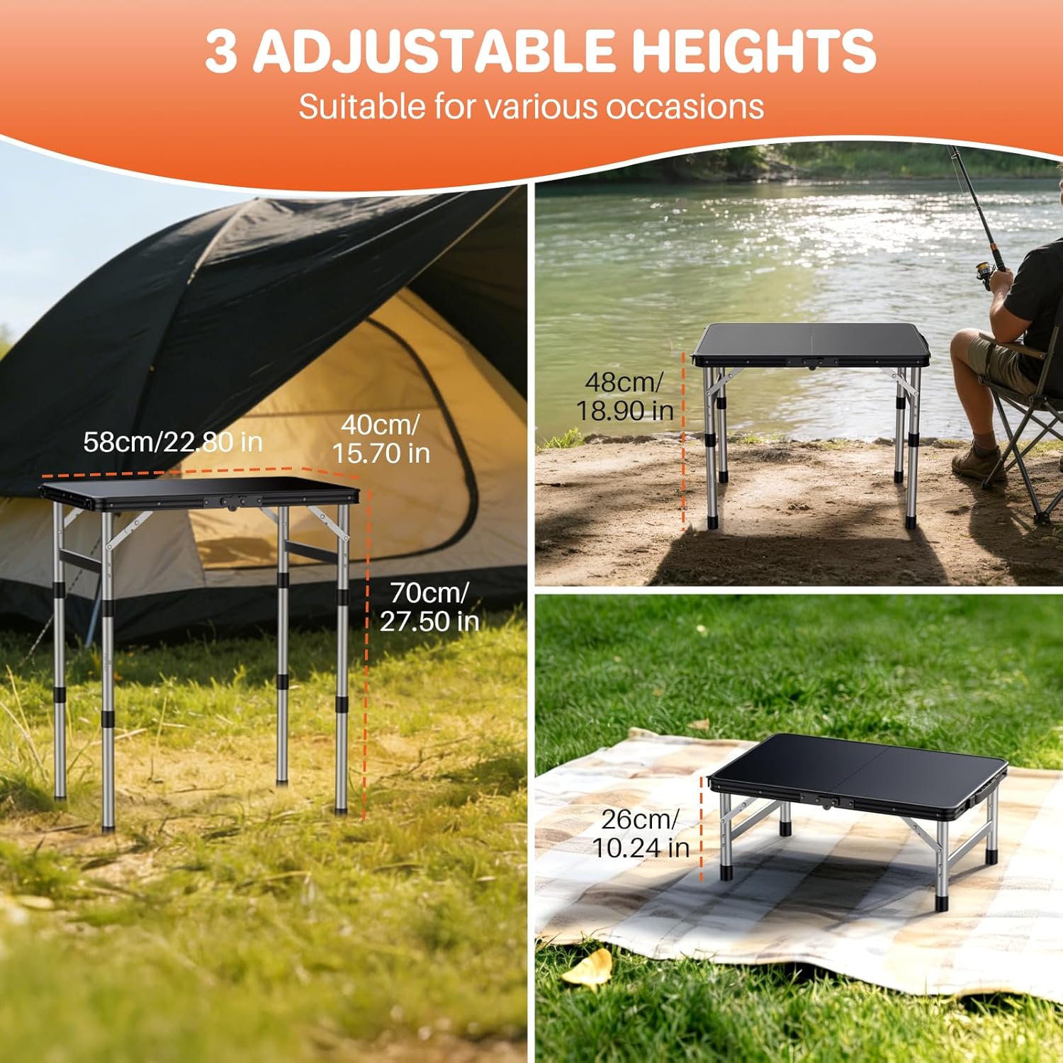 FUNYKICH Camping Table with Waterproof Plastic Tabletop 22.8''x15.7'', 3 Height Adjustable Small Folding Table, Lightweight Portable Picnic Table with Carry Handle for Picnic Beach Travel,Black Silver