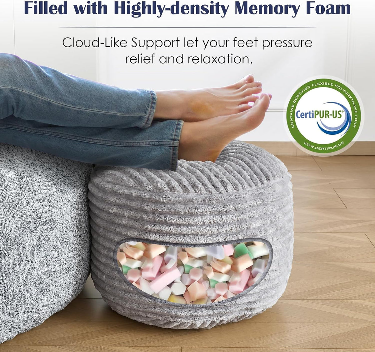 SHOUREN Stuffed Round Ottoman,Pouf Ottoman Foot Rest,20 X 15 in,Light Grey | Corduroy Cover,Memory Foam Filler,Pouf Storage Ottoman Footstool for Living Room,20 X 15 Floor Poufs for Couch,Footrest Only