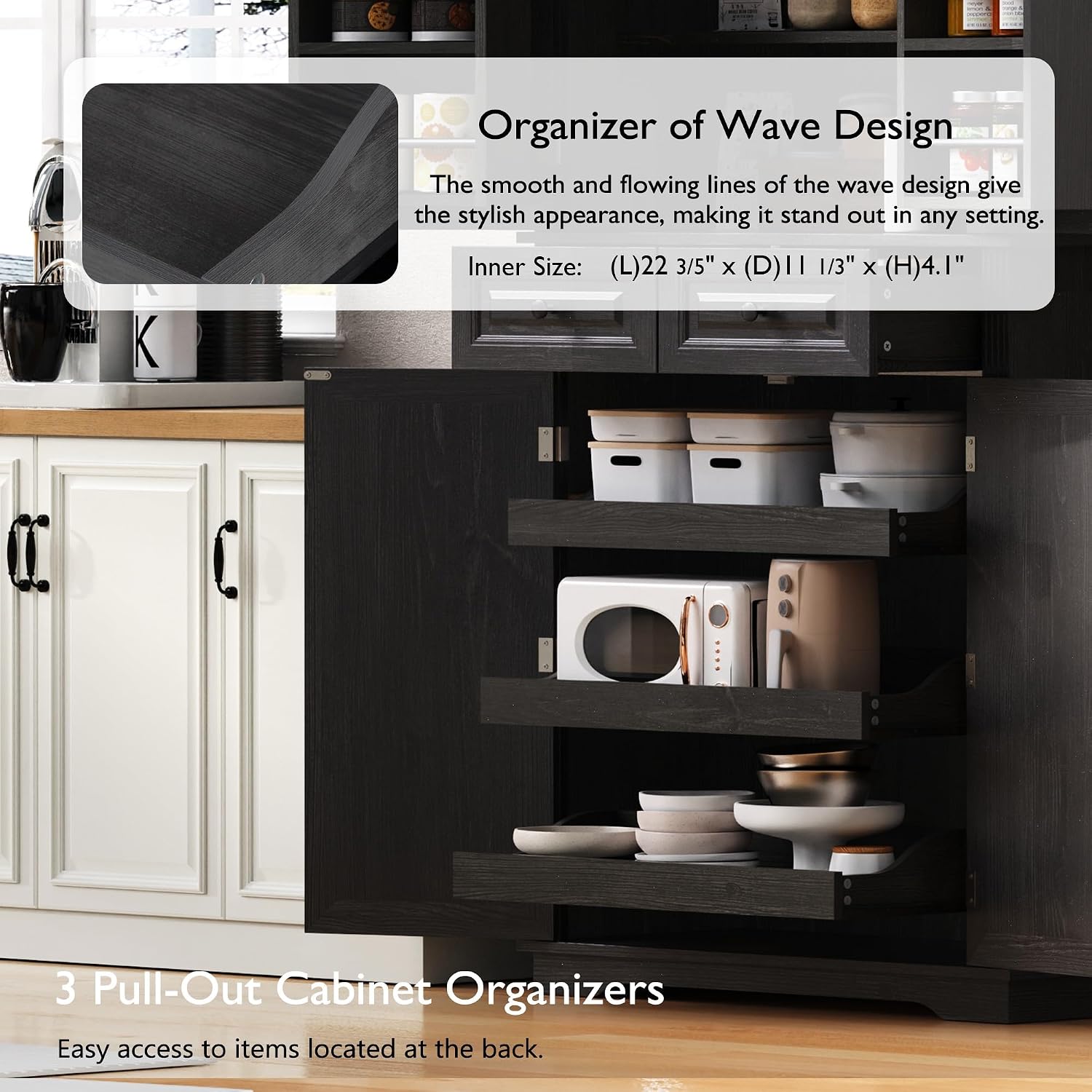 71" Tall Kitchen Pantry Cabinet with 3 Pull Out Cabinet Organizers, Farmhouse Embossed Texture Storage Cabine with 6 Door Shelves, 2 Drawers, Freestanding Cupboard for Kitchen, Dining Room (Black)