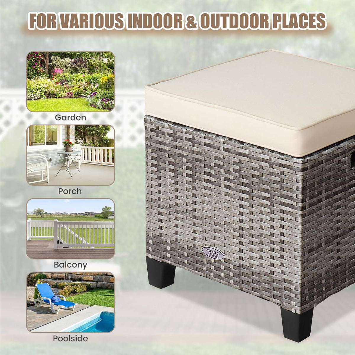 ORALNER Set of 2 Outdoor Ottoman, 16” Wicker Foot Stools, All-Weather Rattan Cube Footstool w/Removable Cushions, Square Footrest Extra Seating for Patio, Porch, Deck, Easy Assembly (Beige)