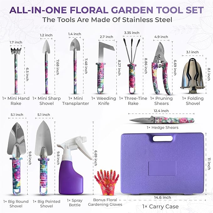 10 Piece Stainless Steel Garden Tool Set with Molded Carrying Case – Heavy Duty Gardening Tools for Women & Men Ergonomic Handles, Rust-Resistant Hand Tools with Folding Shovel, Gloves & Spray Bottle