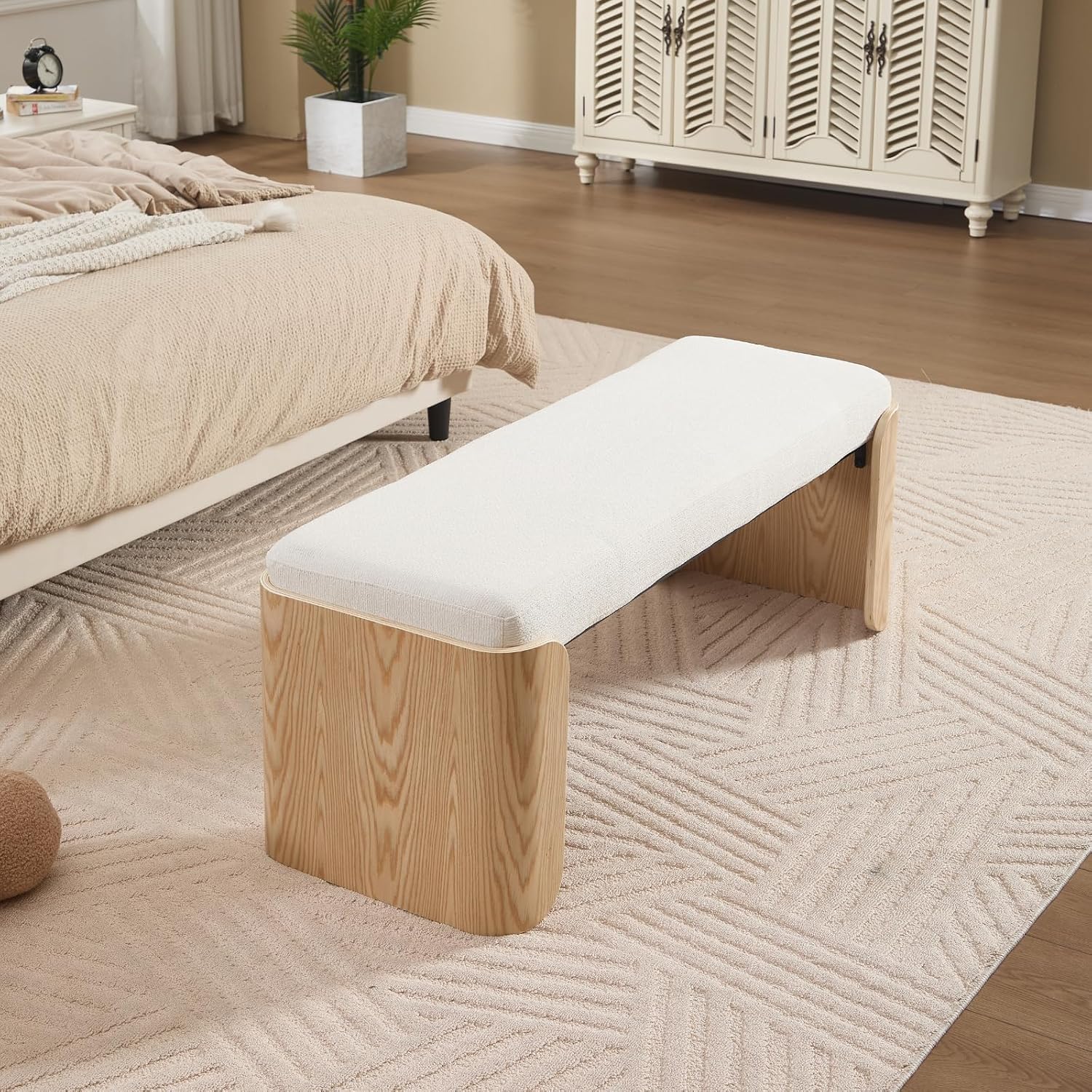 DUOMAY Modern White Chenille Bedroom Bench, 49" Wide Long Entryway Bench with Solid Wood Legs Upholstered Dining Bench Ottoman for Living Room Indoor
