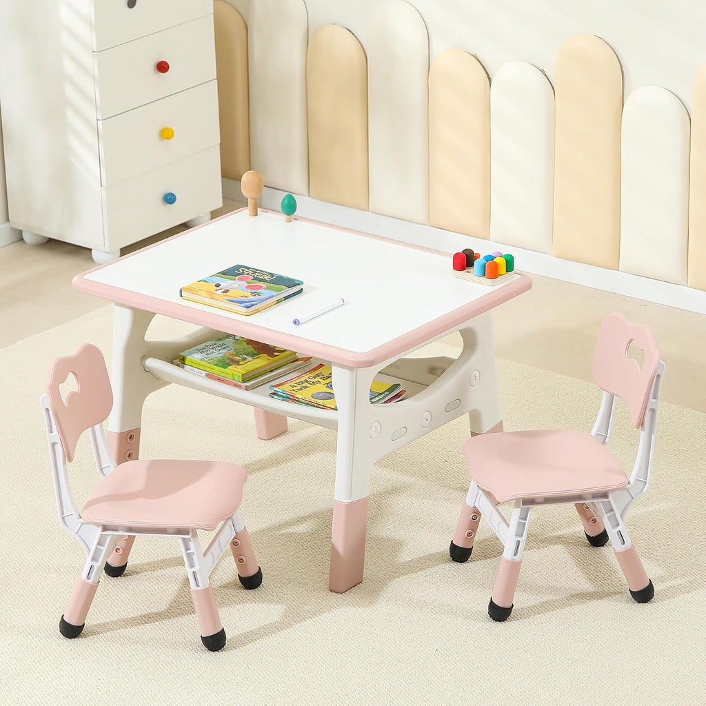 Kids Table and Chairs, Height Adjustable Toddler Table and 2 Chairs, Multi-Activity Kids Table Set with Graffiti Desktop, Built-in Storage, Ages 3-8