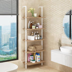 Karl home Oak 5 Tier Wall Mount Ladder Shelf, Metal Frame Open Bookcase